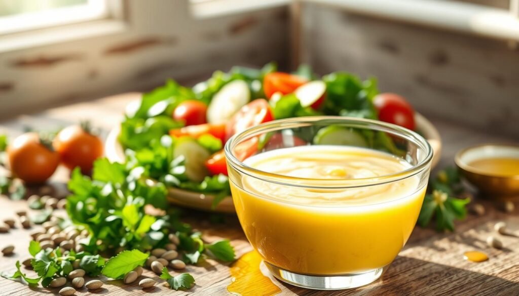 A luxurious Dijon mustard sauce in a glass bowl, with a smooth, creamy texture and a rich golden hue, depicted in the foreground. Surrounding the bowl, fresh ingredients like chopped herbs, whole mustard seeds, and a drizzle of olive oil create an inviting culinary scene. In the middle, a vibrant salad with crisp greens, cherry tomatoes, and sliced cucumbers adds a splash of color. The background features a rustic wooden table, softly lit with natural sunlight filtering through a nearby window, casting gentle shadows and creating a warm, inviting atmosphere. The image captures a sense of freshness and homemade quality, emphasizing the transformational power of homemade dressings in elevating salads.