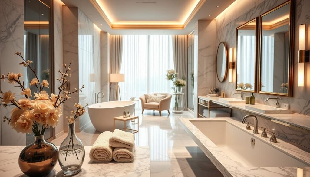 A luxurious women's bathroom featuring elegant marble countertops, a freestanding soaking tub, and a spacious vanity with a large, illuminated mirror. The foreground showcases delicate floral arrangements in stylish vases, while soft, plush towels are artfully arranged nearby. In the middle, a chic dressing area includes a cozy armchair and ambient lighting that creates a warm, inviting atmosphere. The background reveals a window with sheer curtains allowing gentle natural light to filter in, enhancing the serene ambiance. The color palette includes soft pastels and metallic accents, adding to the sophistication. The atmosphere is one of tranquility and self-care, capturing the essence of a personal sanctuary for relaxation and beauty rituals. A luxurious women's bathroom featuring elegant marble countertops, a freestanding soaking tub, and a spacious vanity with a large, illuminated mirror. The foreground showcases delicate floral arrangements in stylish vases, while soft, plush towels are artfully arranged nearby. In the middle, a chic dressing area includes a cozy armchair and ambient lighting that creates a warm, inviting atmosphere. The background reveals a window with sheer curtains allowing gentle natural light to filter in, enhancing the serene ambiance. The color palette includes soft pastels and metallic accents, adding to the sophistication. The atmosphere is one of tranquility and self-care, capturing the essence of a personal sanctuary for relaxation and beauty rituals.