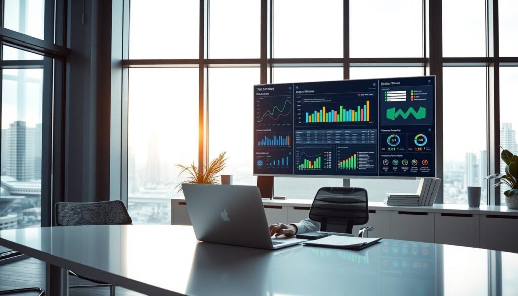 A modern, stylish office space with a large glass window illuminating the room with soft, natural light. In the foreground, a professional individual dressed in business attire is seated at a sleek desk, analyzing data on a laptop. Various colorful graphs and charts are displayed on the screen, reflecting a sense of clarity and organization. In the middle, a large digital dashboard with real-time analytics and insights is mounted on the wall, surrounded by neatly organized materials and a small plant for a touch of greenery. The background showcases an inspiring view of a city skyline, hinting at progress and innovation. The mood is focused and productive, highlighting the balance between using technology effectively and avoiding overwhelm. The scene is captured in a slightly elevated angle, providing a comprehensive view of the workspace environment. A modern, stylish office space with a large glass window illuminating the room with soft, natural light. In the foreground, a professional individual dressed in business attire is seated at a sleek desk, analyzing data on a laptop. Various colorful graphs and charts are displayed on the screen, reflecting a sense of clarity and organization. In the middle, a large digital dashboard with real-time analytics and insights is mounted on the wall, surrounded by neatly organized materials and a small plant for a touch of greenery. The background showcases an inspiring view of a city skyline, hinting at progress and innovation. The mood is focused and productive, highlighting the balance between using technology effectively and avoiding overwhelm. The scene is captured in a slightly elevated angle, providing a comprehensive view of the workspace environment.