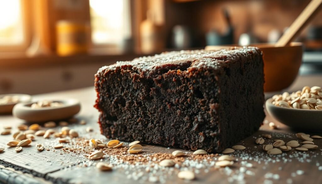 A mouth-watering brownie made with cocoa and oats, displayed on a rustic wooden table. The brownie has a rich, fudgy texture with a glossy top, sprinkled with light dusting of powdered sugar. Surrounding the brownie are scattered oats and cocoa powder, emphasizing the healthy ingredients. In the background, there's a softly blurred view of a warm kitchen, with natural light flooding in, creating a cozy atmosphere. A wooden spatula and a bowl of oats are casually positioned beside the brownie, inviting viewers to imagine the baking process. The overall mood is warm and inviting, suggesting a guilt-free indulgence. Shot with a shallow depth of field to bring focus to the brownie, with a soft golden hour glow enhancing the scene. A mouth-watering brownie made with cocoa and oats, displayed on a rustic wooden table. The brownie has a rich, fudgy texture with a glossy top, sprinkled with light dusting of powdered sugar. Surrounding the brownie are scattered oats and cocoa powder, emphasizing the healthy ingredients. In the background, there's a softly blurred view of a warm kitchen, with natural light flooding in, creating a cozy atmosphere. A wooden spatula and a bowl of oats are casually positioned beside the brownie, inviting viewers to imagine the baking process. The overall mood is warm and inviting, suggesting a guilt-free indulgence. Shot with a shallow depth of field to bring focus to the brownie, with a soft golden hour glow enhancing the scene.