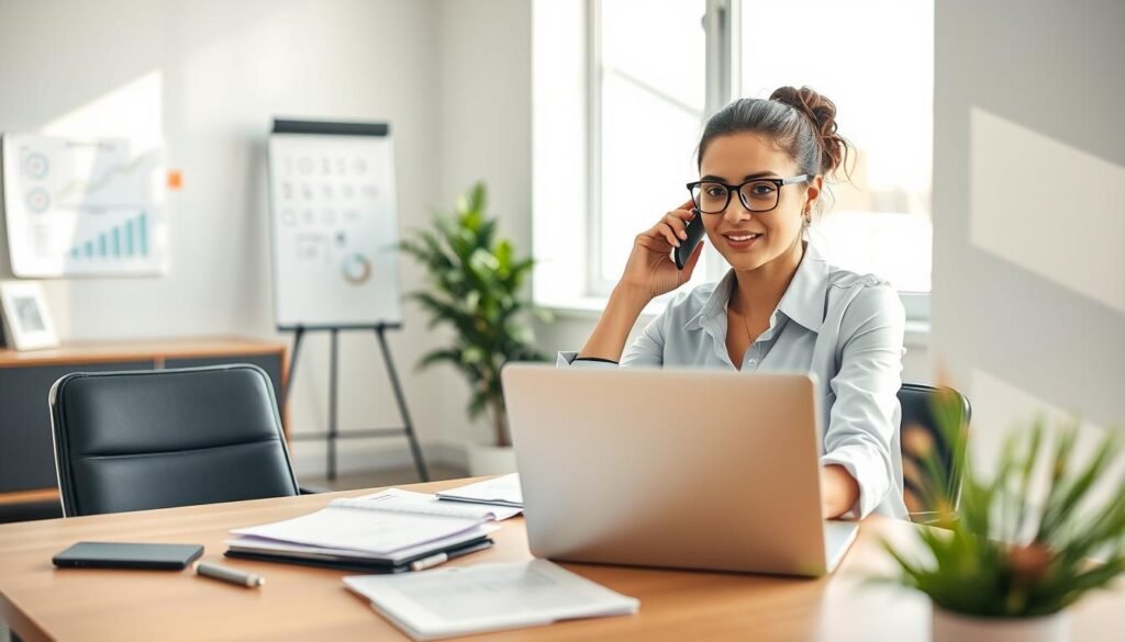 A multitasking female entrepreneur in a modern office setting, confidently balancing multiple roles. In the foreground, she is seated at a stylish desk, using a laptop while holding a phone between her shoulder and ear. Papers and a planner are scattered around, emphasizing her busy lifestyle. In the middle background, a whiteboard with charts and ideas scribbled adds a professional touch, while a small plant brings warmth to the scene. Soft, natural light filters through a large window, casting gentle shadows across the room. The focus is on her determined expression, conveying a sense of empowerment and resilience. The overall atmosphere is productive, motivating, and vibrant, reflecting the dynamic life of a female entrepreneur adept at managing various responsibilities. A multitasking female entrepreneur in a modern office setting, confidently balancing multiple roles. In the foreground, she is seated at a stylish desk, using a laptop while holding a phone between her shoulder and ear. Papers and a planner are scattered around, emphasizing her busy lifestyle. In the middle background, a whiteboard with charts and ideas scribbled adds a professional touch, while a small plant brings warmth to the scene. Soft, natural light filters through a large window, casting gentle shadows across the room. The focus is on her determined expression, conveying a sense of empowerment and resilience. The overall atmosphere is productive, motivating, and vibrant, reflecting the dynamic life of a female entrepreneur adept at managing various responsibilities.
