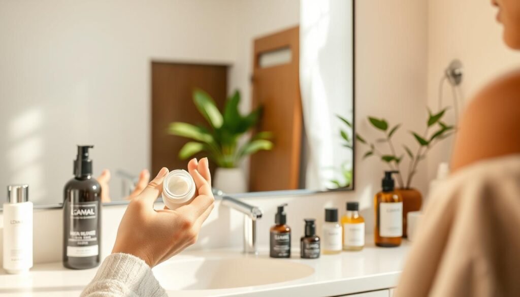 A peaceful bathroom scene featuring a serene skincare ritual. In the foreground, a stylish, organized vanity holds various high-end skincare products—serums, moisturizers, and facial oils—neatly arranged. A soft-focus hand applies a cream to the cheek, showcasing the individual in modest casual clothing, symbolizing self-care and mindfulness. In the middle ground, a large mirror reflects the gentle lighting, enhancing the calming atmosphere. The background features subtle greenery, like potted plants, adding a touch of nature and freshness. The lighting is soft and warm, creating an inviting glow, with an emphasis on natural light filtering through a nearby window. The overall mood is tranquil, promoting a sense of relaxation and nurturing self-care. The image encapsulates the essence of a morning skincare routine, emphasizing hydration and well-being without any distractions or overlays. A peaceful bathroom scene featuring a serene skincare ritual. In the foreground, a stylish, organized vanity holds various high-end skincare products—serums, moisturizers, and facial oils—neatly arranged. A soft-focus hand applies a cream to the cheek, showcasing the individual in modest casual clothing, symbolizing self-care and mindfulness. In the middle ground, a large mirror reflects the gentle lighting, enhancing the calming atmosphere. The background features subtle greenery, like potted plants, adding a touch of nature and freshness. The lighting is soft and warm, creating an inviting glow, with an emphasis on natural light filtering through a nearby window. The overall mood is tranquil, promoting a sense of relaxation and nurturing self-care. The image encapsulates the essence of a morning skincare routine, emphasizing hydration and well-being without any distractions or overlays.