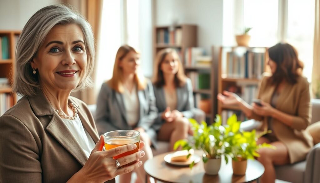 A serene and empowering depiction of menopause, featuring a diverse group of women in professional business attire, gathered in a warm, inviting room. In the foreground, show a woman in her 50s with a confident expression, holding a cup of herbal tea, symbolizing self-care and wellness. The middle ground includes two women engaged in conversation, one gesturing towards a vibrant plant on a nearby table, representing growth and change. Soft, natural lighting from a window creates a calm atmosphere, highlighting the comforting tones of earthy greens and soft browns in the decor. In the background, a bookshelf filled with wellness books reinforces the theme of knowledge and discussion. The overall mood is one of openness and understanding, inviting dialogue about menopause without stigma.