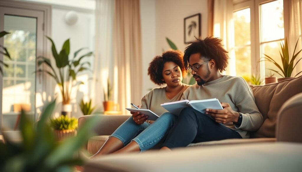 A serene and engaging scene depicting interpersonal relationship goals. In the foreground, a diverse couple sits on a cozy couch, focused on discussing their plans, with notebooks and pens in hand, symbolizing collaboration. The middle layer showcases a softly lit living room, adorned with potted plants and a warm rug, evoking a sense of intimacy and comfort. In the background, a window reveals a sunny day outside, suggesting optimism and growth. The lighting is warm and inviting, casting gentle shadows, creating an atmosphere of connection and support. The image should convey a feeling of togetherness, highlighting the theme of setting personal relationship goals in a nurturing environment. A serene and engaging scene depicting interpersonal relationship goals. In the foreground, a diverse couple sits on a cozy couch, focused on discussing their plans, with notebooks and pens in hand, symbolizing collaboration. The middle layer showcases a softly lit living room, adorned with potted plants and a warm rug, evoking a sense of intimacy and comfort. In the background, a window reveals a sunny day outside, suggesting optimism and growth. The lighting is warm and inviting, casting gentle shadows, creating an atmosphere of connection and support. The image should convey a feeling of togetherness, highlighting the theme of setting personal relationship goals in a nurturing environment.