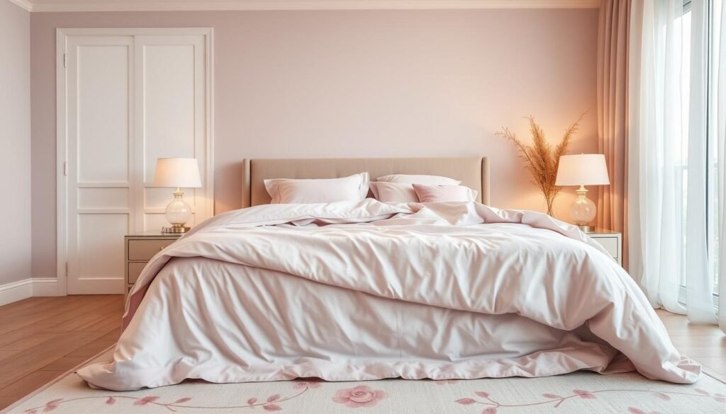 A serene and inviting bedroom designed for couples, showcasing a harmonious color palette that embodies feminine energy. In the foreground, a beautifully made bed draped in soft, layered bedding with pastel hues of blush and lavender. Plush pillows add a touch of comfort, inviting relaxation. The middle ground features elegant nightstands with delicate, contemporary lamps casting soft, warm light. A stylish area rug anchors the space, displaying subtle floral patterns. In the background, large windows allow natural light to flood the room, revealing airy sheer curtains that sway gently with the breeze. The mood is calm and romantic, reflecting a cozy sanctuary that embraces the spirit of togetherness and feminine aesthetic in interior design. The angle is slightly elevated, capturing the overall layout and harmony of the room.