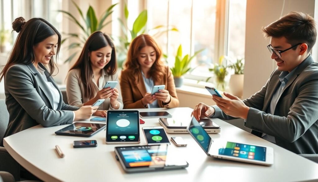 A serene and inviting workspace illustrating digital well-being. In the foreground, a diverse group of three individuals—two women and one man—are engaging with various smartphone apps focused on wellness. They are dressed in professional business attire, seated casually around a modern, stylish table. The middle ground features an array of digital devices like tablets and laptops, showcasing app icons for mindfulness, fitness, and health monitoring. In the background, soft natural light streams through large windows, illuminating indoor plants and a calming atmosphere. The color palette is warm and soothing, emphasizing relaxation and productivity. Capture this scene from a slightly elevated angle to provide depth, creating a peaceful yet vibrant mood. A serene and inviting workspace illustrating digital well-being. In the foreground, a diverse group of three individuals—two women and one man—are engaging with various smartphone apps focused on wellness. They are dressed in professional business attire, seated casually around a modern, stylish table. The middle ground features an array of digital devices like tablets and laptops, showcasing app icons for mindfulness, fitness, and health monitoring. In the background, soft natural light streams through large windows, illuminating indoor plants and a calming atmosphere. The color palette is warm and soothing, emphasizing relaxation and productivity. Capture this scene from a slightly elevated angle to provide depth, creating a peaceful yet vibrant mood.