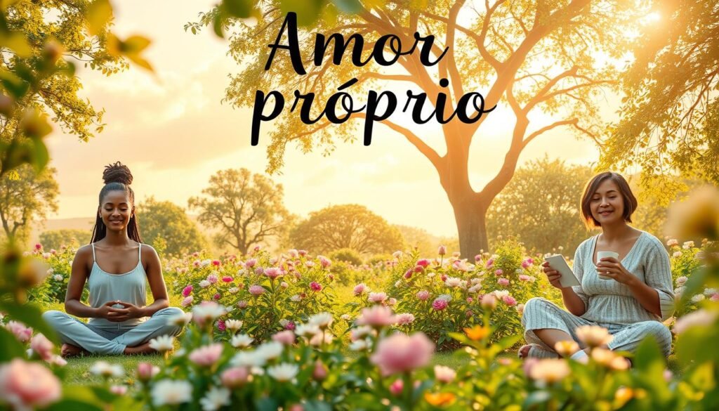 A serene and uplifting scene illustrating the concept of "amor próprio." In the foreground, a diverse group of individuals practicing self-care; one is meditating with a peaceful expression, another is journaling with a warm smile, and a third is enjoying a cup of tea in a cozy corner. In the middle ground, a lush, green garden filled with blooming flowers, symbolizing growth and self-love. In the background, a bright, sunny sky with soft clouds creating a tranquil atmosphere. Golden sunlight filters through the trees, casting gentle shadows. The mood is positive and empowering, encouraging a sense of calm and personal fulfillment. The image is framed with a soft focus lens to create a dreamy effect, inviting viewers to reflect on their own self-care practices. A serene and uplifting scene illustrating the concept of "amor próprio." In the foreground, a diverse group of individuals practicing self-care; one is meditating with a peaceful expression, another is journaling with a warm smile, and a third is enjoying a cup of tea in a cozy corner. In the middle ground, a lush, green garden filled with blooming flowers, symbolizing growth and self-love. In the background, a bright, sunny sky with soft clouds creating a tranquil atmosphere. Golden sunlight filters through the trees, casting gentle shadows. The mood is positive and empowering, encouraging a sense of calm and personal fulfillment. The image is framed with a soft focus lens to create a dreamy effect, inviting viewers to reflect on their own self-care practices.