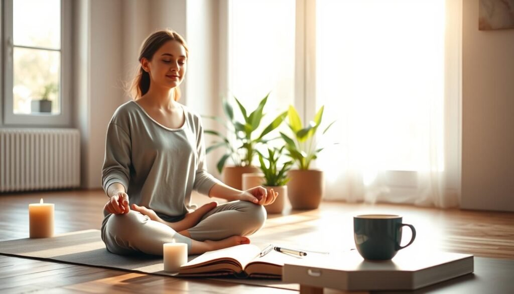 A serene indoor setting bathed in soft, warm natural light filtering through large windows. In the foreground, a young woman sitting cross-legged on a yoga mat, wearing a comfortable, modest outfit, meditating with a peaceful expression. Surrounding her, gentle elements of self-care: a small table with candles, a journal open with a pen, and a steaming cup of herbal tea. In the middle, potted plants add a lush green contrast, creating a sense of tranquility. In the background, a muted, calming color palette of soft blues and earthy tones enhances the atmosphere. The overall mood is one of introspection, self-acceptance, and warmth, inviting the viewer to connect with the theme of self-love and daily practices for nurturing inner well-being. A serene indoor setting bathed in soft, warm natural light filtering through large windows. In the foreground, a young woman sitting cross-legged on a yoga mat, wearing a comfortable, modest outfit, meditating with a peaceful expression. Surrounding her, gentle elements of self-care: a small table with candles, a journal open with a pen, and a steaming cup of herbal tea. In the middle, potted plants add a lush green contrast, creating a sense of tranquility. In the background, a muted, calming color palette of soft blues and earthy tones enhances the atmosphere. The overall mood is one of introspection, self-acceptance, and warmth, inviting the viewer to connect with the theme of self-love and daily practices for nurturing inner well-being.