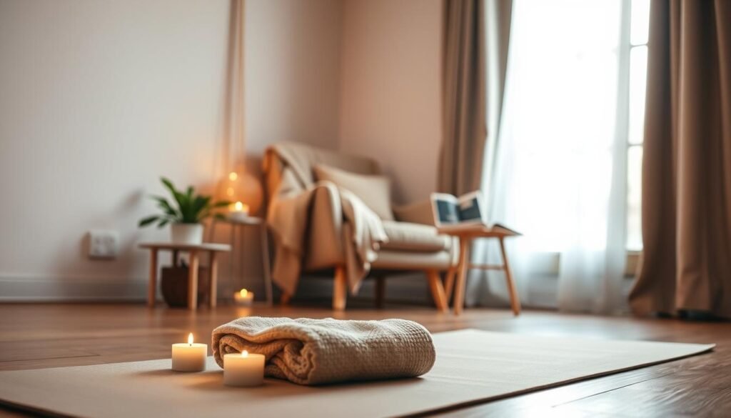 A serene indoor space featuring a cozy corner dedicated to self-care practices. In the foreground, a soft yoga mat is laid out with a neatly folded towel and a few small candles flickering softly. The middle ground shows a comfortable armchair with a plush throw blanket draped over it and an open book resting on a small side table. A plant sits beside the chair, adding a touch of greenery. In the background, a window allows gentle, natural light to pour in, illuminating the room with a warm glow. The mood is calm and inviting, perfect for relaxation and rejuvenation. The angle is slightly elevated, capturing an inviting view of this peaceful retreat, promoting a sense of tranquility and self-nurturing. A serene indoor space featuring a cozy corner dedicated to self-care practices. In the foreground, a soft yoga mat is laid out with a neatly folded towel and a few small candles flickering softly. The middle ground shows a comfortable armchair with a plush throw blanket draped over it and an open book resting on a small side table. A plant sits beside the chair, adding a touch of greenery. In the background, a window allows gentle, natural light to pour in, illuminating the room with a warm glow. The mood is calm and inviting, perfect for relaxation and rejuvenation. The angle is slightly elevated, capturing an inviting view of this peaceful retreat, promoting a sense of tranquility and self-nurturing.