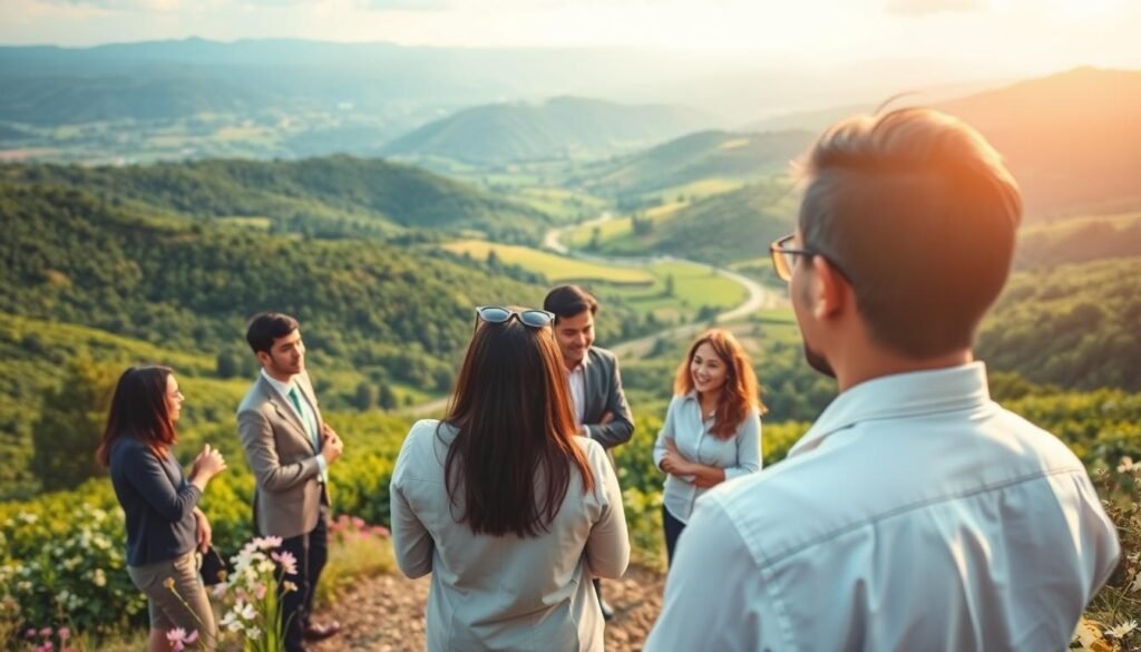 A serene landscape depicting a person standing on a hilltop, overlooking a vibrant valley filled with lush greenery and blooming flowers to symbolize growth and purpose in life. In the foreground, a diverse group of individuals, dressed in professional business attire and modest casual clothing, engage in a thoughtful discussion, sharing ideas and smiles, representing community and connection. The middle ground reveals a winding path leading through the valley, signifying the journey of life, while the background boasts a bright, clear sky with soft sunlight streaming through, creating a warm, hopeful atmosphere. Capture the essence of purpose and fulfillment, evoking a sense of tranquility and inspiration with soft lighting to enhance the mood. Use a wide-angle lens to encompass the sprawling landscape and the gathering of people, framing the image with a sense of harmony and unity.