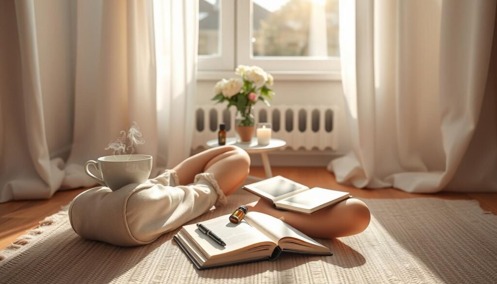 A serene morning scene depicting a ritual of self-care. In the foreground, a cozy, sunlit nook features a person in comfortable, modest casual clothing sitting cross-legged on a soft, textured mat. They are holding a steaming cup of herbal tea, a journal, and a pen nearby, ready for reflection. In the middle ground, a small table holds essential oils, a lit candle, and a small vase with fresh flowers, enhancing the tranquil atmosphere. The background showcases a window with soft, flowing curtains, allowing gentle natural light to filter in, illuminating the space with a warm glow. The overall mood is peaceful and inviting, emphasizing mindfulness and presence, with a focus on starting the day with intentional calmness and self-care rituals. A serene morning scene depicting a ritual of self-care. In the foreground, a cozy, sunlit nook features a person in comfortable, modest casual clothing sitting cross-legged on a soft, textured mat. They are holding a steaming cup of herbal tea, a journal, and a pen nearby, ready for reflection. In the middle ground, a small table holds essential oils, a lit candle, and a small vase with fresh flowers, enhancing the tranquil atmosphere. The background showcases a window with soft, flowing curtains, allowing gentle natural light to filter in, illuminating the space with a warm glow. The overall mood is peaceful and inviting, emphasizing mindfulness and presence, with a focus on starting the day with intentional calmness and self-care rituals.