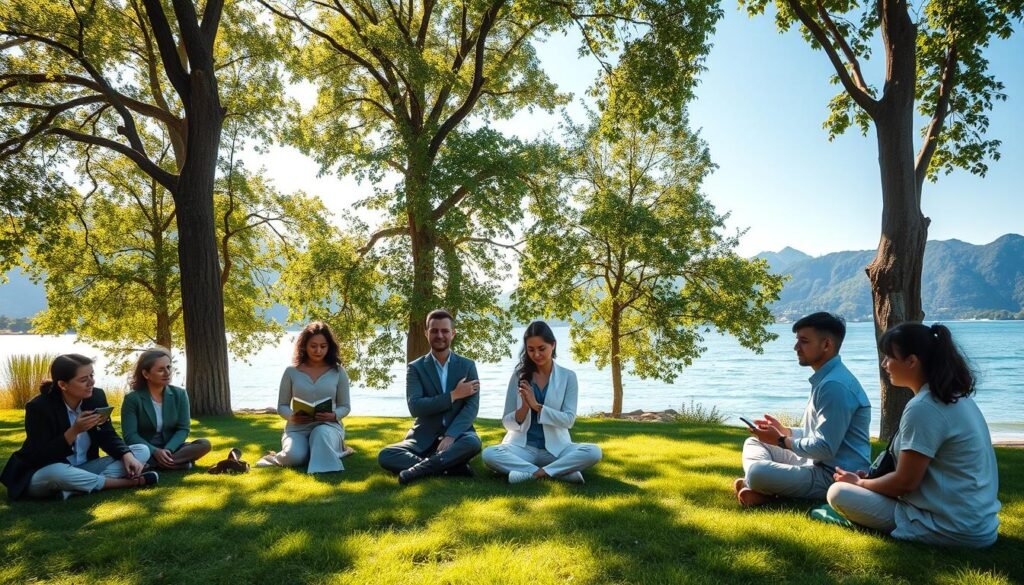 A serene outdoor setting in the foreground featuring a diverse group of individuals engaged in mindful activities that reflect personal values, such as reading, meditating, and sharing ideas. In the middle, soft sunlight filters through lush green trees, creating dappled shadows on the ground, symbolizing tranquility and reflection. The background includes a calm lake with gentle waves, mountains in the distance, and a clear blue sky. The atmosphere conveys harmony and balance, embodying the alignment of personal values with daily actions. The lighting is warm and inviting, enhancing the peaceful mood. The individuals are dressed in professional business attire and modest casual clothing, focused and content, representing conscious lifestyle choices.
