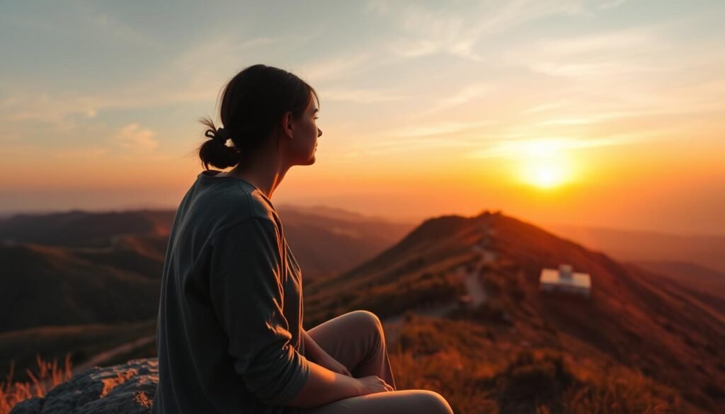 A serene scene depicting a woman traveling alone, sitting on a picturesque cliff overlooking a stunning sunset. In the foreground, she is dressed in casual, comfortable clothing, gazing pensively into the distance, embodying a sense of introspection and tranquility. The middle ground features vibrant hills and a winding path leading to the horizon, emphasizing her journey. In the background, the sun dips below the horizon, casting warm golden and soft pink hues across the sky, creating an atmosphere of peaceful solitude. The scene is illuminated with soft, natural lighting, captured through a wide-angle lens to enhance the breathtaking landscape. The mood is contemplative, inviting viewers to reflect on the beauty of alone time while traveling. A serene scene depicting a woman traveling alone, sitting on a picturesque cliff overlooking a stunning sunset. In the foreground, she is dressed in casual, comfortable clothing, gazing pensively into the distance, embodying a sense of introspection and tranquility. The middle ground features vibrant hills and a winding path leading to the horizon, emphasizing her journey. In the background, the sun dips below the horizon, casting warm golden and soft pink hues across the sky, creating an atmosphere of peaceful solitude. The scene is illuminated with soft, natural lighting, captured through a wide-angle lens to enhance the breathtaking landscape. The mood is contemplative, inviting viewers to reflect on the beauty of alone time while traveling.