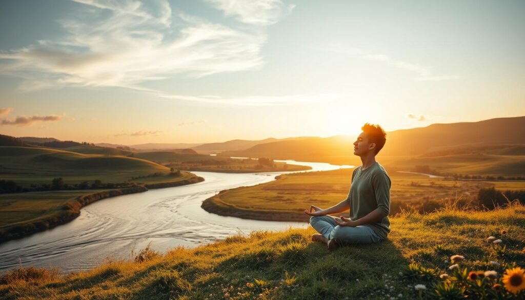 A serene scene embodying the concept of "tempo." In the foreground, a person in modest casual clothing is sitting cross-legged on a grassy hill, meditating peacefully with their eyes closed, exuding calmness. In the middle ground, a flowing river reflects the golden hues of a sunset, symbolizing the passage of time with gentle ripples. Wispy clouds drift softly overhead, casting delicate shadows on the landscape. In the background, rolling hills fade into the distance, surrounded by lush greenery and soft wildflowers. The lighting is warm and golden, creating a tranquil atmosphere, while the perspective is slightly elevated, allowing the viewer to appreciate the harmonious relationship between the individual and nature. The overall mood is one of peace and balance, encouraging viewers to reflect on their relationship with time.