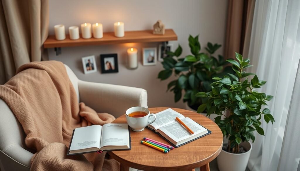 A serene self-care corner filled with elegant decor, featuring a soft, cozy armchair draped with a warm blanket. In the foreground, a small wooden table holds a steaming cup of herbal tea, a journal, and a few colorful pens. To the side, a lush indoor plant adds a touch of greenery. The middle layer showcases a shelf filled with thoughtfully arranged candles and small, framed photos that evoke personal memories. In the background, soft natural light filters through sheer curtains, casting gentle shadows that enhance the ambiance. The mood is peaceful and inviting, encouraging relaxation and introspection. The entire scene is captured from a slightly elevated angle to emphasize the cozy atmosphere.
