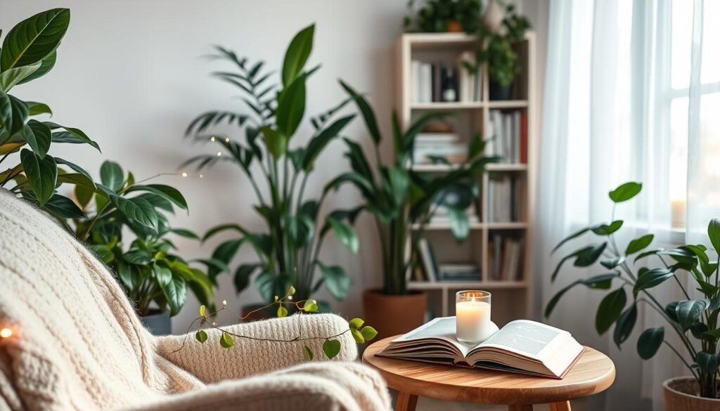 A serene self-care nook, featuring a cozy armchair draped in soft pastel throws, surrounded by lush indoor plants. In the foreground, a stylish wooden side table holds a lit scented candle and an open book, inviting relaxation. The middle ground showcases delicate fairy lights intertwined with greenery, casting a warm, gentle glow. In the background, a window with sheer curtains allows soft, natural light to flood the space, illuminating a minimalist bookshelf filled with wellness guides and personal mementos. The atmosphere is tranquil and inviting, perfect for self-reflection and rejuvenation. Aim for a soft-focus lens effect to enhance the peaceful mood, emphasizing calmness and beauty in every detail.