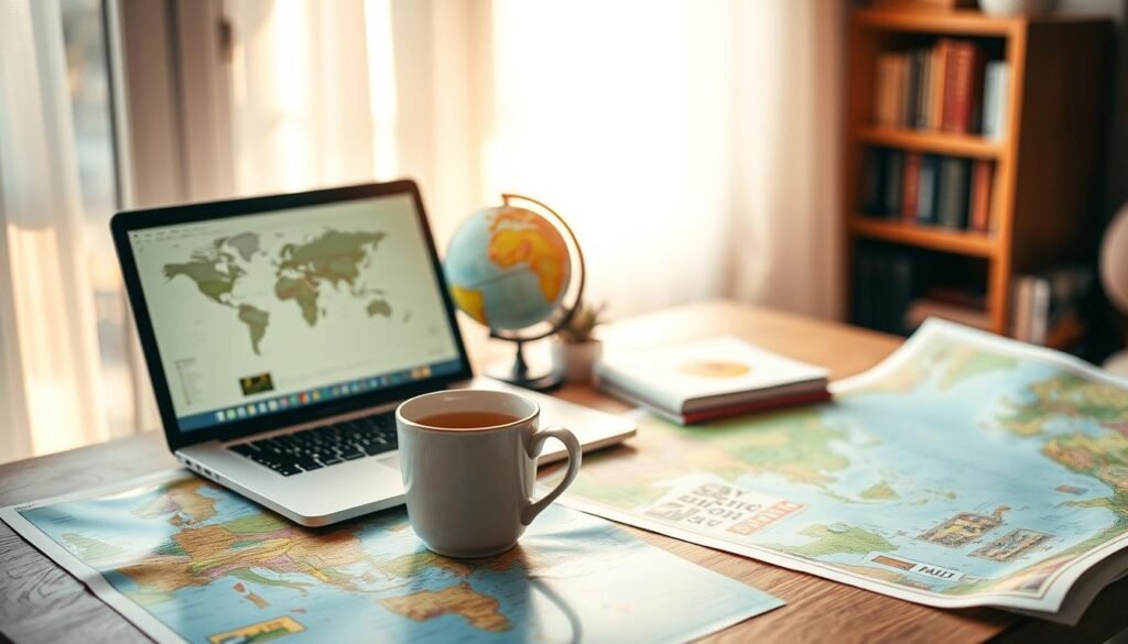 A serene travel planning scene, focused on a cozy and organized workspace. In the foreground, a wooden desk is adorned with a beautiful map, colorful travel brochures, a laptop displaying a calming travel itinerary, and a steaming mug of herbal tea. In the middle, soft sunlight filters through a nearby window, illuminating a miniature globe and a succulent plant, enhancing the sense of tranquility. In the background, a soft blur reveals a small bookshelf filled with travel literature and decor, creating an inviting atmosphere. The mood should evoke peace and inspiration, ideal for women seeking restful destinations. The overall lighting is warm and soothing, captured from a slightly elevated angle to provide depth to the arrangement.