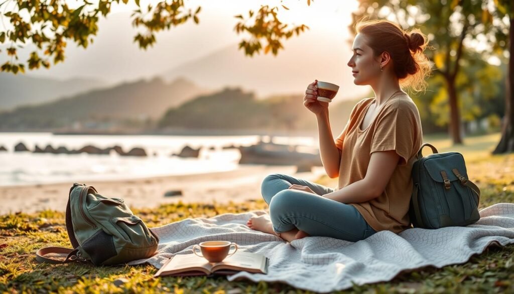 A serene travel scene depicting a tranquil destination ideal for relaxation and mindfulness. In the foreground, a woman in modest casual clothing sits on a soft blanket, sipping herbal tea, surrounded by a small arrangement of travel essentials such as a lightweight backpack and a guidebook. The middle ground features a peaceful beach or a lush green park, with soft waves lapping at the shore or dappled sunlight filtering through tree leaves. In the background, gentle hills or distant mountains create a calming horizon, bathed in warm golden hour lighting. The atmosphere should evoke a sense of calm and a retreat from the hustle and bustle of daily life, emphasizing the beauty of cost-effective travel arrangements. The image should be softly focused, emphasizing the main subject while allowing the background to enhance the peaceful mood.
