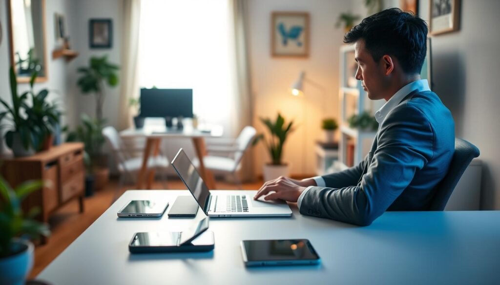 A serene workspace illustrating "conscious digital presence." In the foreground, a person in professional attire is seated at a modern desk, focused on a laptop with soft blue light emanating from the screen. The middle ground features various digital devices like a smartphone and a tablet, displayed neatly, indicating a balanced use of technology. The background is a cozy home office, with plants and natural light streaming through a window, creating a warm and inviting atmosphere. The overall mood is calm and reflective, with gentle lighting casting soft shadows. The scene is captured with a shallow depth of field to emphasize the individual and their workspace, conveying a sense of mindfulness and intentionality in the digital age. A serene workspace illustrating "conscious digital presence." In the foreground, a person in professional attire is seated at a modern desk, focused on a laptop with soft blue light emanating from the screen. The middle ground features various digital devices like a smartphone and a tablet, displayed neatly, indicating a balanced use of technology. The background is a cozy home office, with plants and natural light streaming through a window, creating a warm and inviting atmosphere. The overall mood is calm and reflective, with gentle lighting casting soft shadows. The scene is captured with a shallow depth of field to emphasize the individual and their workspace, conveying a sense of mindfulness and intentionality in the digital age.