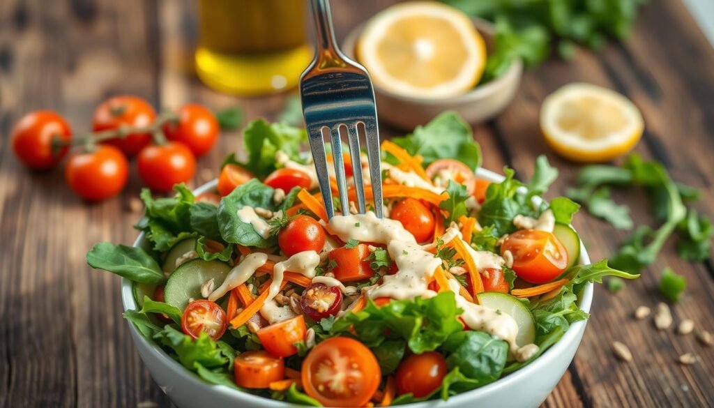 A vibrant, fresh salad displayed on a rustic wooden table, featuring a mix of leafy greens like spinach and arugula, colorful cherry tomatoes, shredded carrots, and cucumber slices, all drizzled with a light, creamy dressing. In the foreground, a beautifully arranged bowl of salad is accentuated by a scattering of sunflower seeds and freshly chopped herbs. The middle section shows a fork poised to dive into the salad, inviting viewers to enjoy it. In the background, there are faint hints of complementary ingredients, like a bottle of olive oil and a lemon half, enhancing the wholesome vibe. Soft, natural lighting creates a bright and uplifting atmosphere, with a shallow depth of field focusing on the salad, leaving the background slightly out of focus to maintain the emphasis on the dish's freshness and appeal.