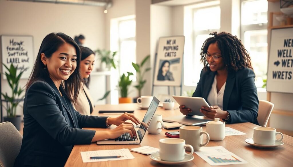 A vibrant modern workspace featuring diverse women in professional attire collaborating on digital tools designed for female entrepreneurship. In the foreground, a smiling woman of Asian descent is working on a laptop, her screen displaying colorful graphs and business applications. Beside her, a Black woman is using a tablet, engaged in discussion. In the middle ground, a large table is filled with digital devices, notes, and coffee mugs, suggesting a lively brainstorming session. The background shows bright windows letting in natural light, plants adding warmth to the space, and a motivational poster about female empowerment. The atmosphere is energetic, inspiring, and collaborative. Use soft focus and warm lighting to enhance the sense of positivity and innovation. A vibrant modern workspace featuring diverse women in professional attire collaborating on digital tools designed for female entrepreneurship. In the foreground, a smiling woman of Asian descent is working on a laptop, her screen displaying colorful graphs and business applications. Beside her, a Black woman is using a tablet, engaged in discussion. In the middle ground, a large table is filled with digital devices, notes, and coffee mugs, suggesting a lively brainstorming session. The background shows bright windows letting in natural light, plants adding warmth to the space, and a motivational poster about female empowerment. The atmosphere is energetic, inspiring, and collaborative. Use soft focus and warm lighting to enhance the sense of positivity and innovation.