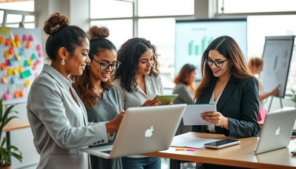 A vibrant workspace showcasing a diverse group of Brazilian women entrepreneurs collaborating and using digital tools. In the foreground, two women in professional business attire are actively discussing ideas, one using a laptop and the other taking notes on a digital tablet. The middle ground features a modern office environment with colorful post-it notes, whiteboards filled with ideas, and a digital projector displaying graphs. In the background, large windows let in natural light, highlighting a cityscape. The atmosphere is energetic and inspiring, reflecting teamwork and innovation. The overall lighting is bright and inviting, creating a sense of positivity and motivation. The scene captures the essence of success in entrepreneurship. A vibrant workspace showcasing a diverse group of Brazilian women entrepreneurs collaborating and using digital tools. In the foreground, two women in professional business attire are actively discussing ideas, one using a laptop and the other taking notes on a digital tablet. The middle ground features a modern office environment with colorful post-it notes, whiteboards filled with ideas, and a digital projector displaying graphs. In the background, large windows let in natural light, highlighting a cityscape. The atmosphere is energetic and inspiring, reflecting teamwork and innovation. The overall lighting is bright and inviting, creating a sense of positivity and motivation. The scene captures the essence of success in entrepreneurship.