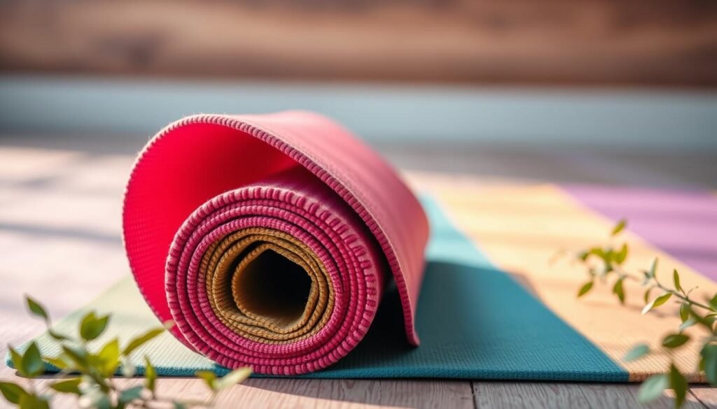 Crie uma imagem de um tapete de yoga colorido e confortável