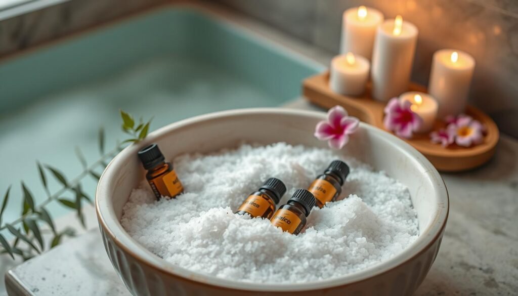 Crie uma imagem de uma bacia com sais de banho e óleos essenciais