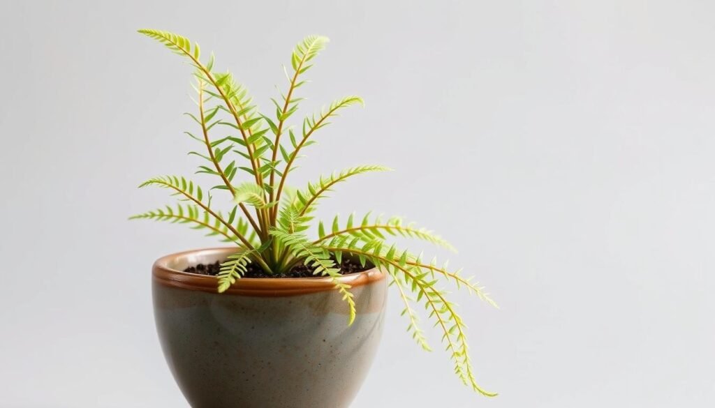 Crie uma imagem de uma samambaia em um vaso de cerâmica