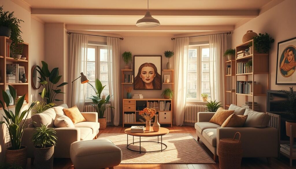 Gere uma imagem de uma sala aconchegante com iluminação suave Gere uma imagem de uma sala aconchegante com iluminação suave