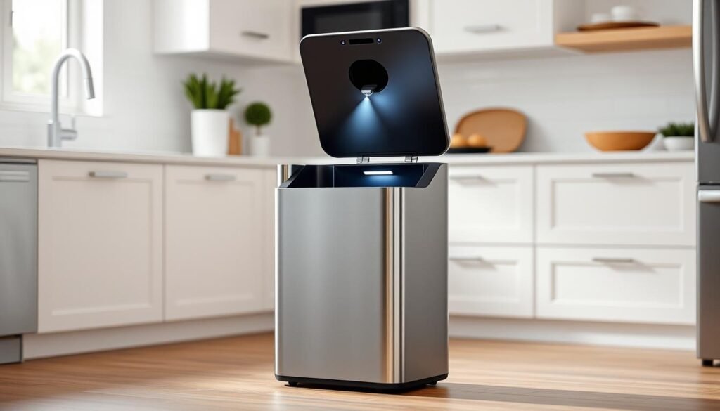 Imagem da Lata Retangular com Sensor Simplehuman sendo aberta com um comando de voz. Imagem da Lata Retangular com Sensor Simplehuman sendo aberta com um comando de voz.