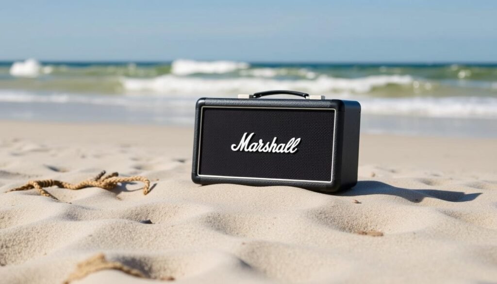 Imagem de um Alto Falante Bluetooth Portátil Mashall Emberton em uma praia Imagem de um Alto Falante Bluetooth Portátil Mashall Emberton em uma praia