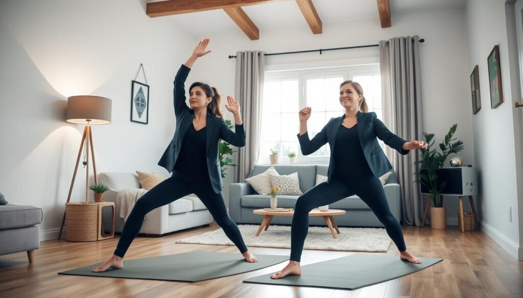 Imagem de um casal praticando yoga ou exercícios em casa Imagem de um casal praticando yoga ou exercícios em casa