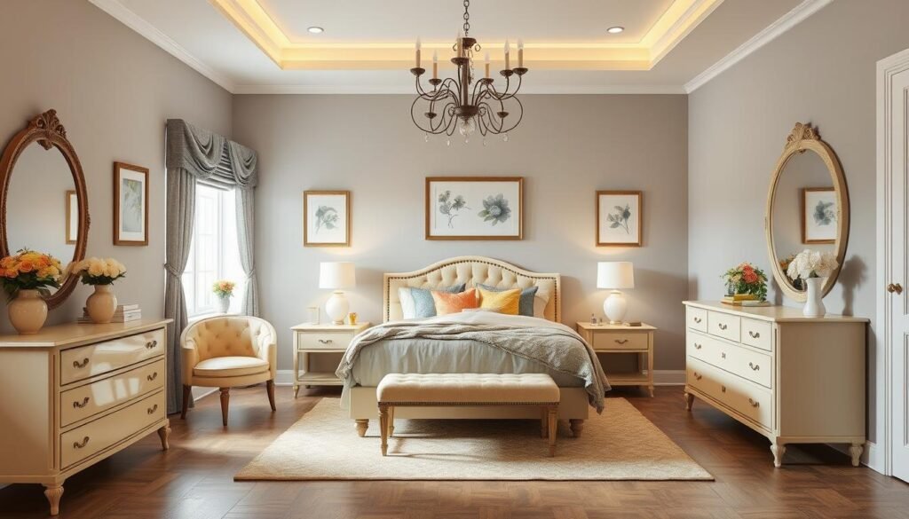 Imagem de um quarto feminino com decoração em amarelo e cinza