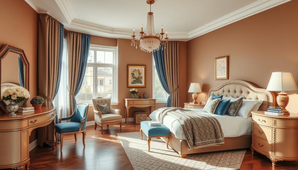 Imagem de um quarto feminino com decoração em marrom e azul