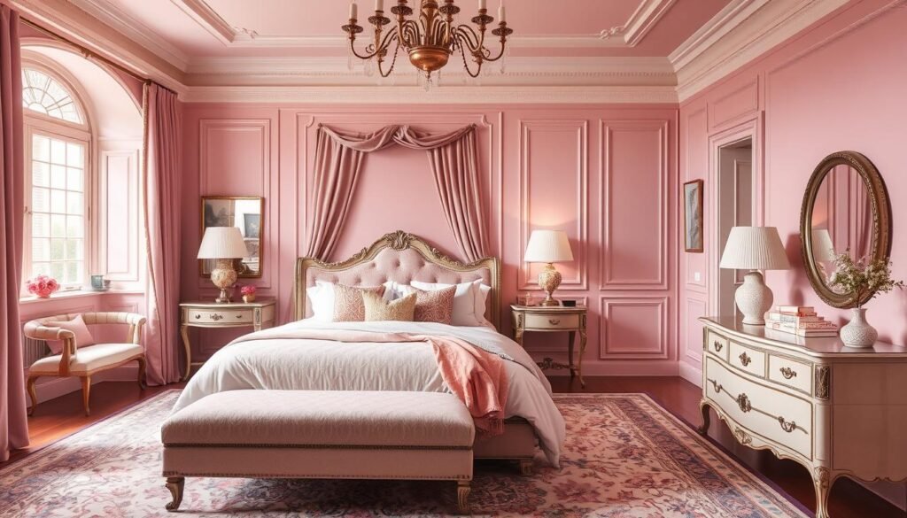 Imagem de um quarto feminino com decoração em rosa sofisticado