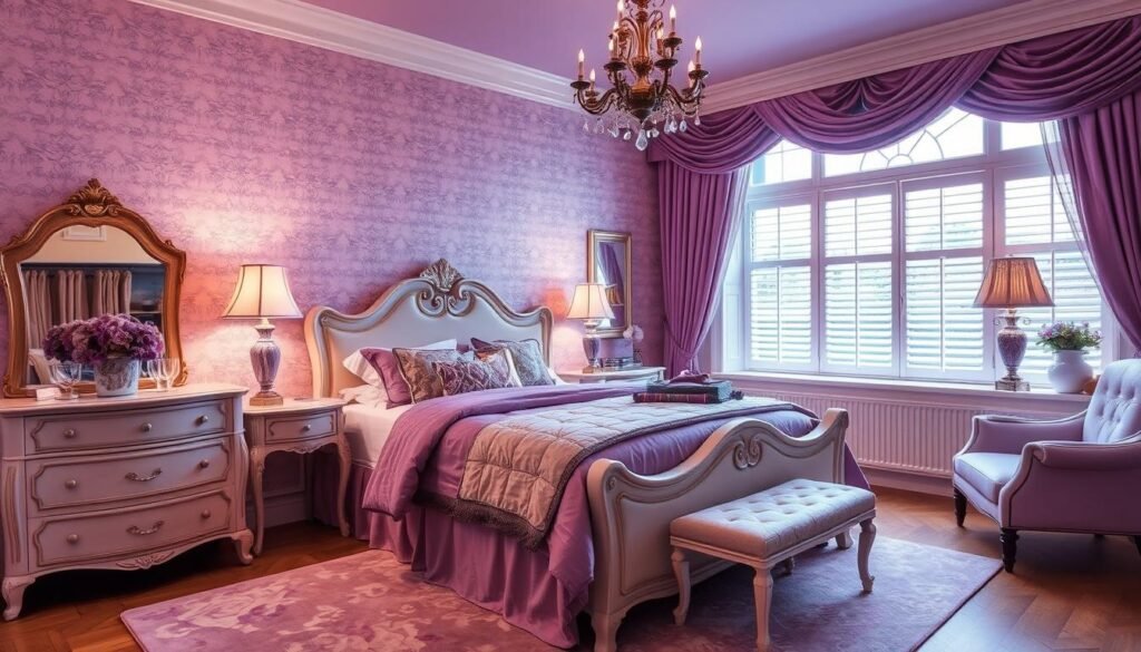 Imagem de um quarto feminino com decoração em roxo