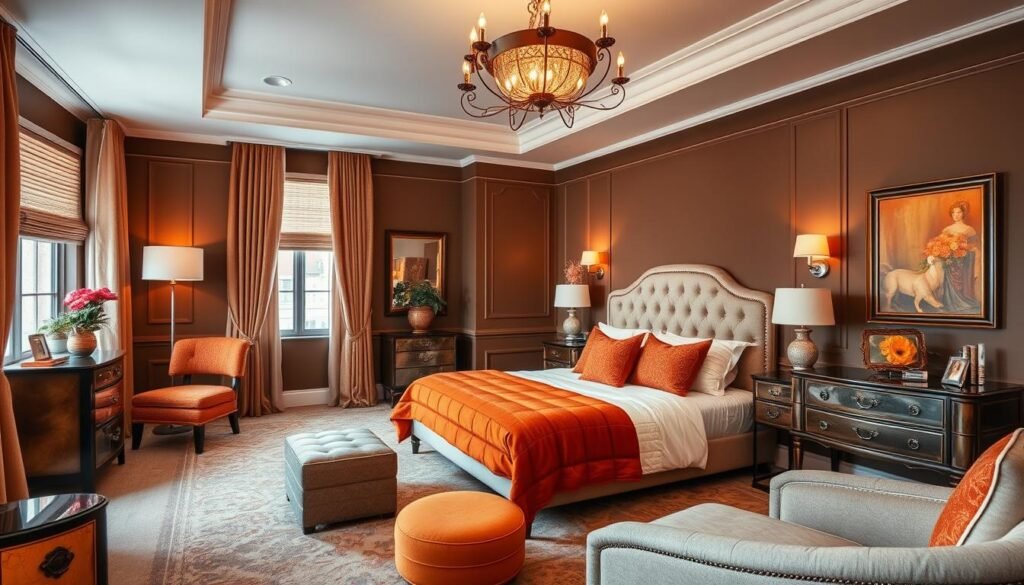 Imagem de um quarto feminino com paredes marrons e detalhes em laranja