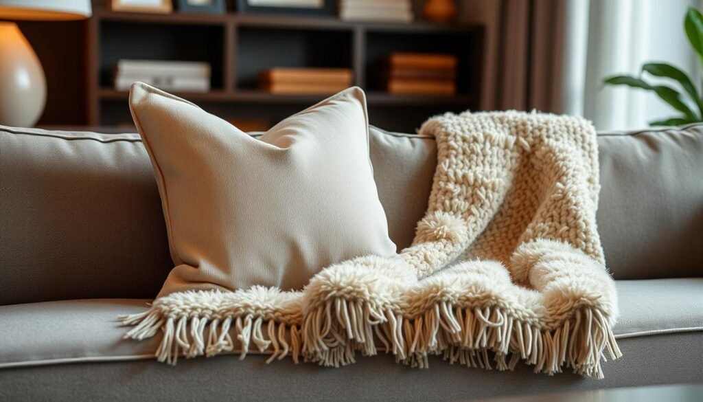 Imagem de uma almofada macia e uma manta felpuda em um sofá