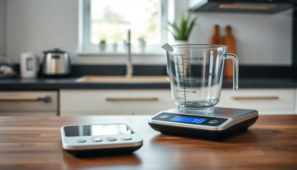 Imagem de uma balança e copo de medida digitais na cozinha Imagem de uma balança e copo de medida digitais na cozinha