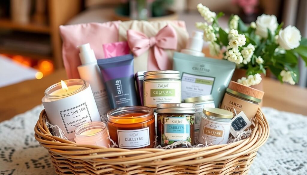 Imagem de uma cesta de agradecimento com produtos de autocuidado Imagem de uma cesta de agradecimento com produtos de autocuidado