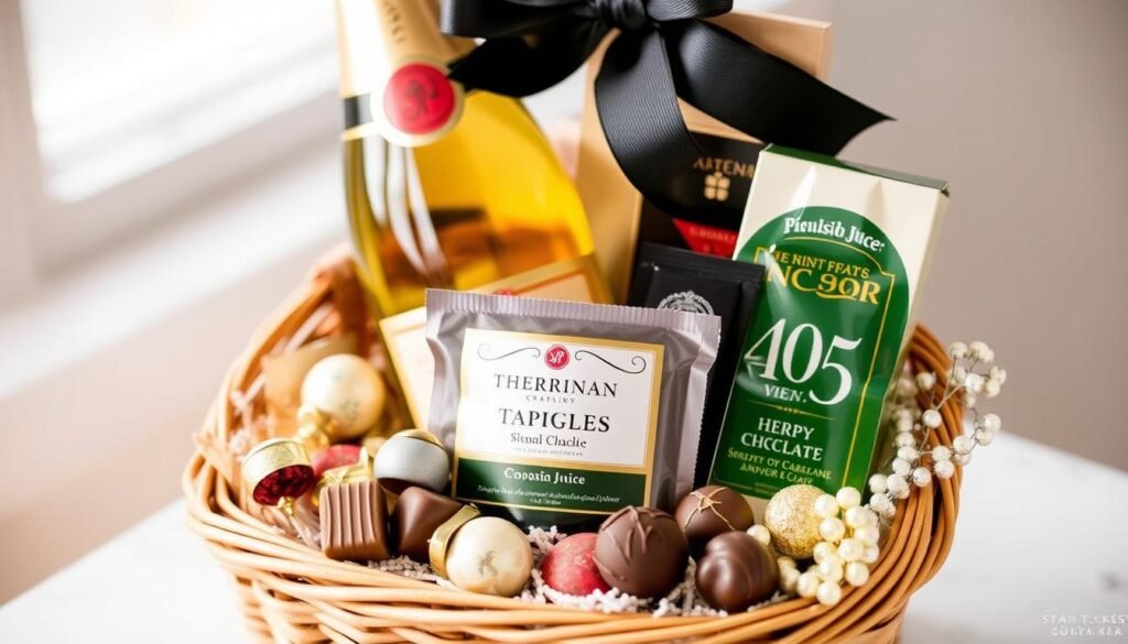 Imagem de uma cesta de aniversário com champanhe e chocolates Imagem de uma cesta de aniversário com champanhe e chocolates