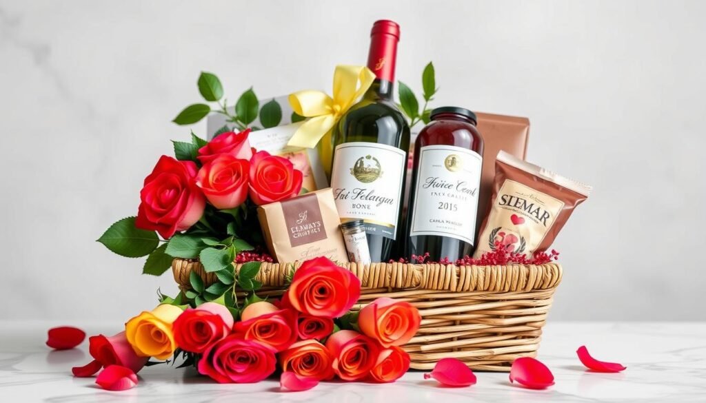 Imagem de uma cesta romântica com rosas e vinho Imagem de uma cesta romântica com rosas e vinho