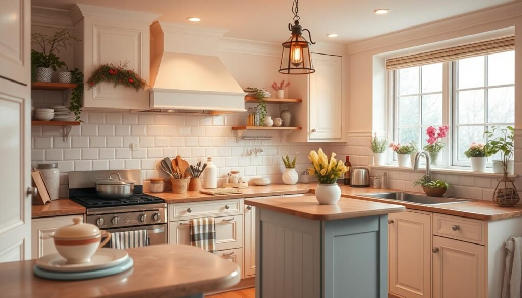 Imagem de uma cozinha feminina decorada com tons suaves e iluminação aconchegante