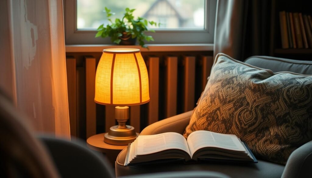 Imagem de uma luminária de luz quente em um cantinho aconchegante