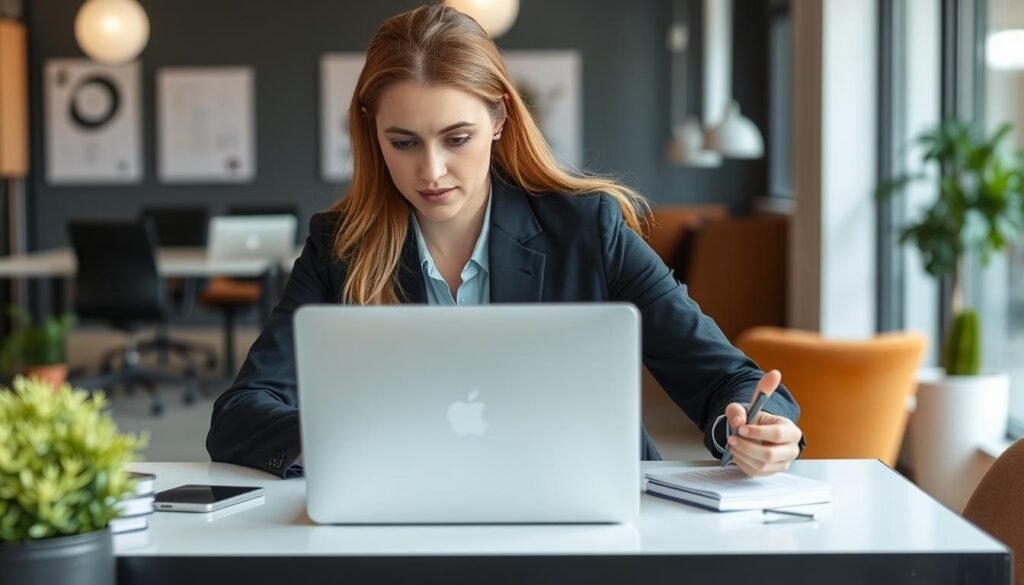 Imagem de uma mulher empreendedora acessando um curso online em um laptop Imagem de uma mulher empreendedora acessando um curso online em um laptop