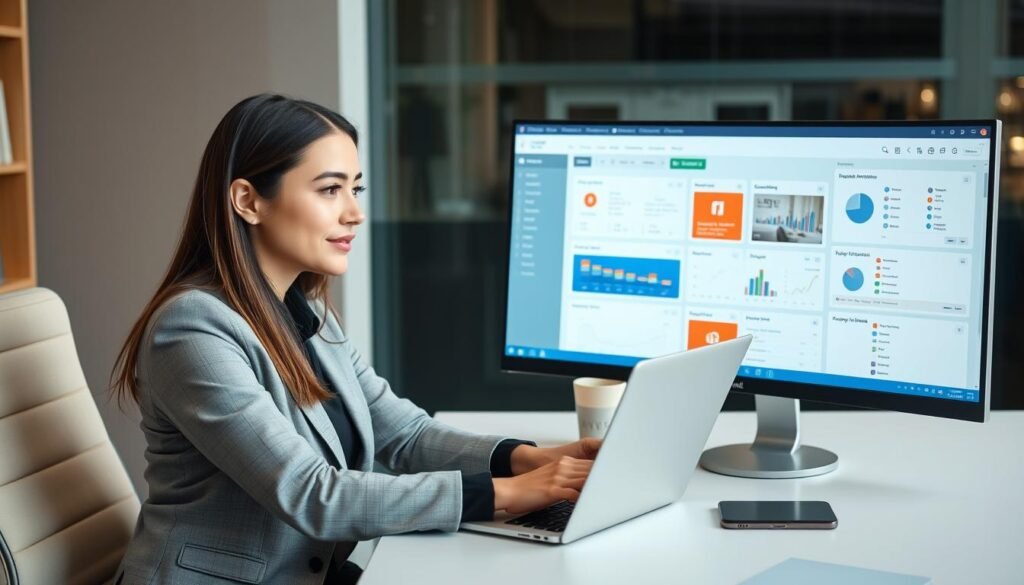 Imagem de uma mulher empreendedora trabalhando em uma mesa com um laptop e várias ferramentas de automação na tela. Imagem de uma mulher empreendedora trabalhando em uma mesa com um laptop e várias ferramentas de automação na tela.