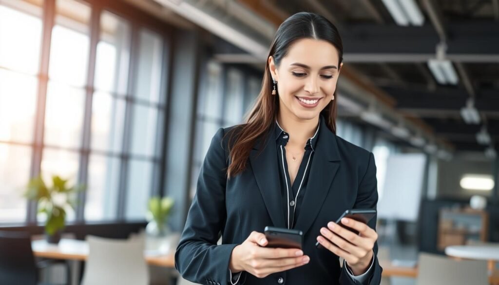 Imagem de uma mulher empreendedora usando um aplicativo de produtividade no celular Imagem de uma mulher empreendedora usando um aplicativo de produtividade no celular