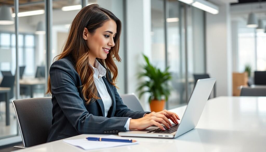 Imagem de uma mulher empreendedora utilizando ferramentas de marketing digital em um laptop Imagem de uma mulher empreendedora utilizando ferramentas de marketing digital em um laptop