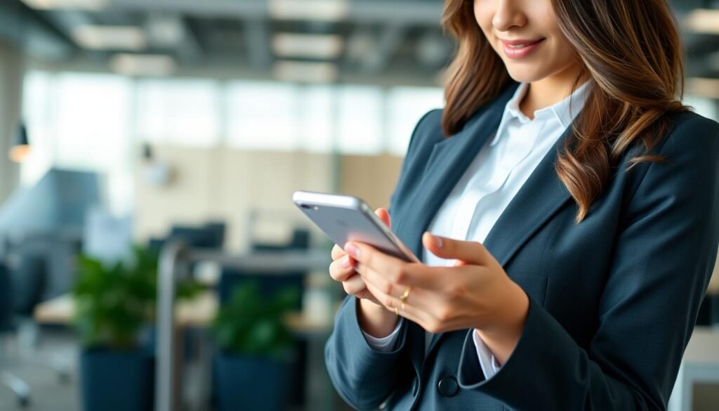 Imagem de uma mulher empreendedora utilizando um aplicativo de gestão financeira no celular Imagem de uma mulher empreendedora utilizando um aplicativo de gestão financeira no celular